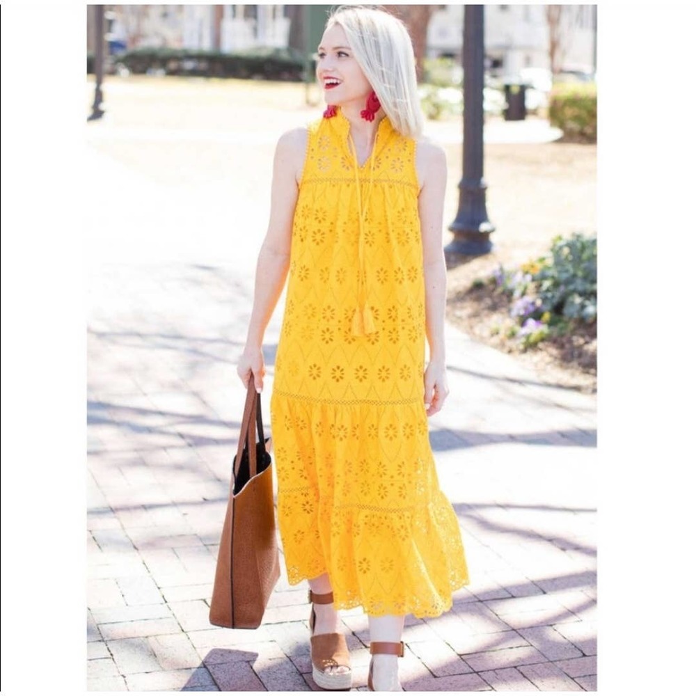 Kate Spade Women's Sleeveless Cotton Eyelet Lace Midi Dress Yellow Size Large